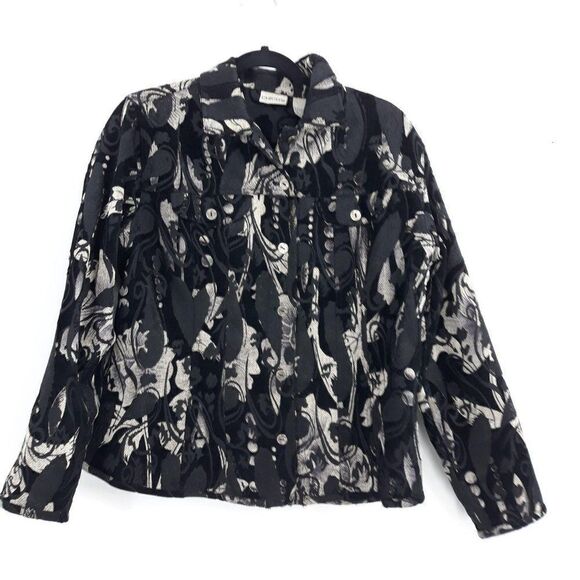 Vintage Jackets & Blazers - Vtg 80's Chico's Blazer Jacket Shacket Jacquard Tapestry Abstract Black Size 2